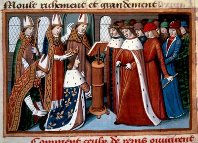 Sacred King Charles VII (1422-1461) przez Archeveque of Reims 17/07/1429 Miniatura zaczerpnięta z „”Vigilles of King Charles VII”” przez Martial d