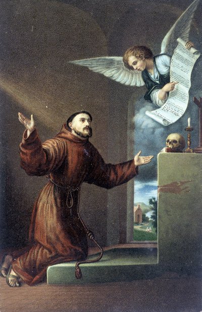 Św. Franciszek z Asyżu (1181 lub 1182 - 1226) przed aniołem. XIX-wieczna chromolitografia. autorstwa Unknown artist