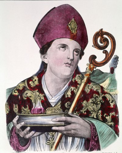 Św. Gennaro lub święty Janvier, patron miasta Neapolu, trzymający w dłoniach ampułkę z jego krwią. Popularny kolorowy druk z XIX wieku. autorstwa Unknown artist