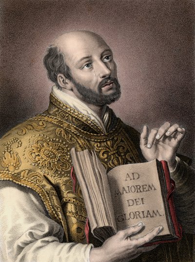 Św. Ignacy Loyola (1491-1556), hiszpański teolog, trzymający książkę z łacińskim mottem Towarzystwa Jezusowego „” Ad maiorem Dei gloriam””” (Na większą chwałę Boga) - Portret Ignacego Loyoli (Sant Ignazio lub Święty Ignacy autorstwa Unknown artist