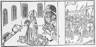 Św. Lambert. Grawer z „Żywotów świętych - część letnia” (Księga świętego) Jakuba (Jakuba) z Voragine (1228-1298). Lubeka 1488. autorstwa Unknown artist