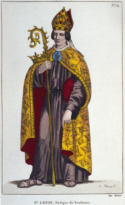 Św. Ludwik z Tuluzy lub Św. Ludwik z Anjou. Mały bratanek św. Ludwika (1274-1297), biskup Tuluzy. grawerunek z 1830 r autorstwa Unknown artist