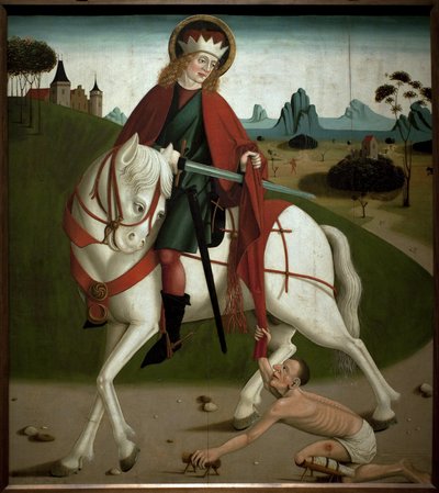 Święty Marcin i żebrak. Rozciął płaszcz, by dać go żebrakowi. obraz anonimowy, ok. 1490. Magyar Nemzeti Galleria, Budapeszt, Węgry. autorstwa Unknown artist