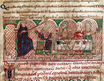 Św. Maur (512-584) założyciel klasztoru Flanfeuil (św. Maur) w Anjou przyjmowany jest na stole Gaidulfa z Rawenny, prześladowcy mnichów i karze go Miniatura z życia i cudów św. Maura” (ms 2273) 1100-1140 Biblioteka Miejska autorstwa Unknown artist
