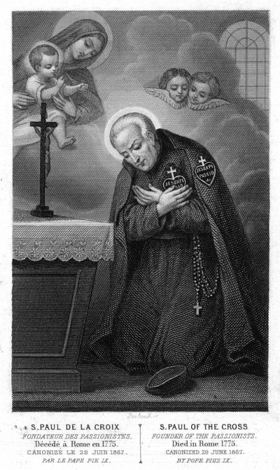 Św. Paweł od Krzyża, założyciel pasjonistów rozczarowanych w Rzymie w 1775 r., kanonizowany 29 czerwca 1867 r. przez papieża Piusa IX. Rycina XIX wieku. autorstwa Unknown artist