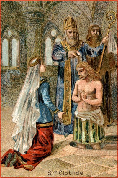 Św. Remi, w wigilię Reims, chrzczący Chlodwiga I (465-511), król franków, 25 grudnia 496 r. Po lewej św. Klotylda. autorstwa Unknown artist