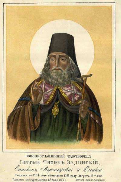 Św. Tichon z Zadońska (1724-1783), biskup Woroneża (św. Tikon z Zadońska, biskup Woroneża). Praca anonimowa, litografia 1862. Rosyjska Biblioteka Państwowa, Moskwa. autorstwa Unknown artist