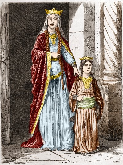 Św Bathilde (lub Batilde, Bathylle, Beaudour) (626-680), królowa Franków z Clotaire. Grawerowanie w „Historii Francji w stu obrazach Paula Lehugeura” 1891 autorstwa Unknown artist