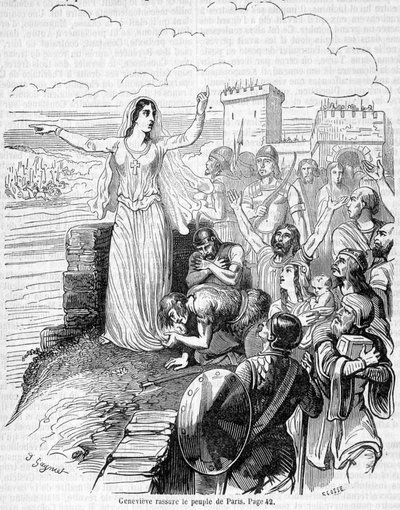 Sainte Geneviève, organizuje obronę Paryża przed hordami Attyli i uspokaja ludność Paryża – w „Histoire de France” Anquetila autorstwa Unknown artist