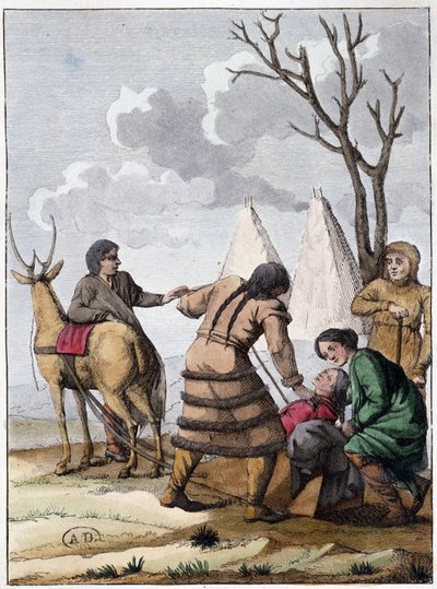 Małżeństwo Samoyedów (koczowniczy lud pochodzenia mongolskiego), deb. 19 wiek autorstwa Unknown artist
