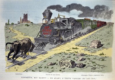 Satyryczna winieta alegoryczna: byk symbol kapitalizmu próbuje zatrzymać pociąg reformy pracy. Każdy wagon przeznaczony jest dla kraju: Niemcy, Francja, Anglia, Włochy 1897 autorstwa Unknown artist