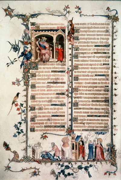 Saul grozi Dawidowi, Kain zabija Abla, Alegorie Eucharystii i Miłosierdzia. Brewiarz z Belleville. 1323-1326. Pani Lat. 10483 fol.24v. - Jean pokojówka. Brewiarz Belleville autorstwa Unknown artist