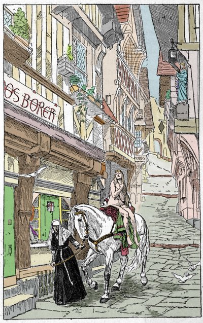 Legenda saska: Godiva (Lady Godiva lub Godgifu), saska kobieta, która na początku 1000 roku przeszła nago konno ulicami Coventry w Anglii, aby przekonać męża do obniżenia podatków, które pobierał na sfinansowanie swojego kampania wojskowa autorstwa Unknown artist