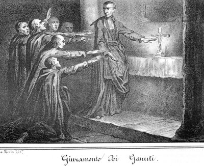 Scena przedstawiająca składanie przysięgi przez jezuitów. Rycina z końca XIX wieku. autorstwa Unknown artist