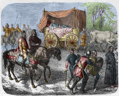 Scena ukazująca leniwych królów: Króla Francji Thierry III (673-691) niesie w czołgu z łożem ciągniętym przez woły. autorstwa Unknown artist