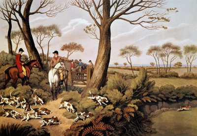 Scena polowania na zające w Anglii. XIX-wieczna litografia Gien, muzeum myślistwa autorstwa Unknown artist