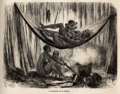 Scena z życia rodzinnego Indian Yahuas z misji San Jose (Peru), mężczyzna bawi się ostatnim n w hamaku, podczas gdy żona i dziecko z pachwiny przygotowują łodygi chambiry palmowej, przeznaczonej do robienia hamaków-siatek, w których Yahuas przewyższają. En autorstwa Unknown artist
