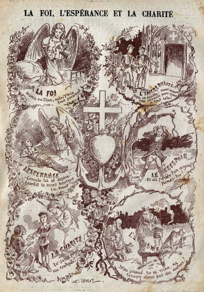 Sceny ilustrujące Wiarę, Nadzieję, Miłosierdzie i ich przeciwieństwo, Niewiary, Desperację i Egoizm. Ilustracja w „Le Pelerin” z 27 marca autorstwa Unknown artist