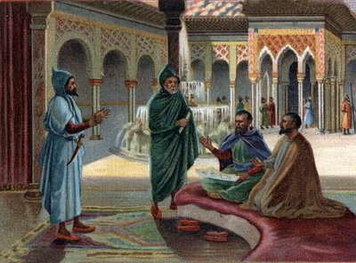 Sceny zaginionych królestw: Rada Maurów (Mauretańska nazwa nadana Arabom, którzy zajmowali część Hiszpanii) w Pałacu Alhambra w Granadzie. Granada to ostatnie państwo mauretańskie, ukończone w 1482 roku. Chromolitografia z XIX wieku. autorstwa Unknown artist