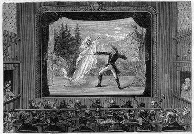 Pokazy naukowe: żywe widma. Przeżyj widma na scenie teatralnej. Komik walczy z duchem. Grawer w „”La Nature”” autorstwa Unknown artist