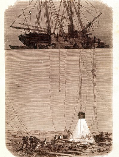 Poszukiwanie hiszpańskich galeonów rozbitych w zatoce Vigo w 1702 roku. Strona zaczerpnięta z „” Emporio Picturesco”” 1871 autorstwa Unknown artist