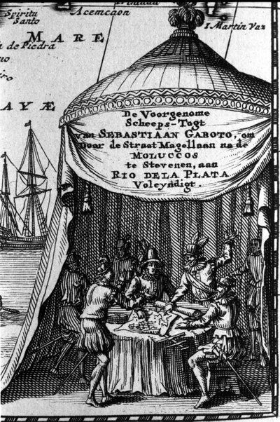 Sebastiano Caboto (Sebastien Cabot) reprezentuje na kartridżu mapy nawigacyjnej z innymi nawigatorami. Początek XVII wieku. autorstwa Unknown artist