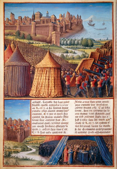Druga krucjata: widok oblężenia Ascalonu w 1153 przez Baldwina III (1131-1162). Miniatura zaczerpnięta z „Przejścia wykonane Outremer przez Francuzów przeciwko Turkom i innym Saracenom i Moures Outremarine” autorstwa Sebastiena Mamerota autorstwa Unknown artist
