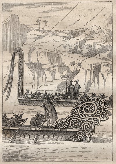 Drugi rejs (1772-1775) kapitana Jamesa Cooka (1728-1779): kajaki wojenne Neo-Zelandans (Neo Zelandaises) - ilustracja zaczerpnięta z „Wielkich marynarzy XVIII wieku”” autorstwa Unknown artist