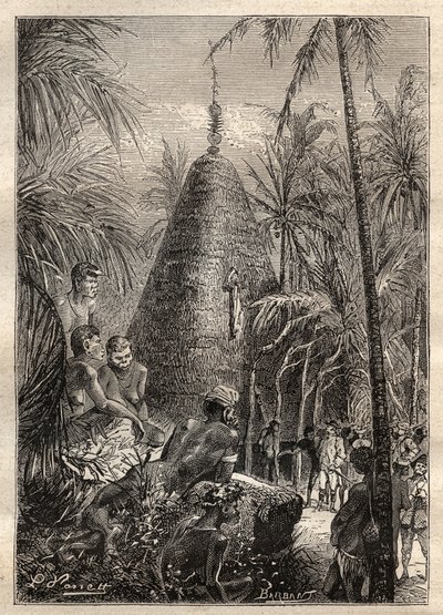 Drugi rejs (1772-1775) kapitana Jamesa Cooka (1728-1779): tradycyjny okrągły dom, na dachu znacznej wysokości (Nowa Kaledonia) - ilustracja zaczerpnięta z „Wielkich żeglarzy XVIII wieku”” autorstwa Unknown artist