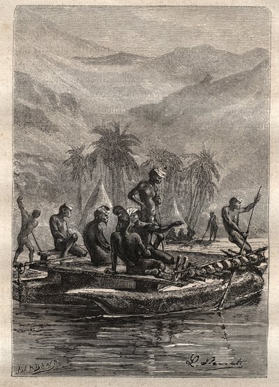Druga wyprawa (1772-1775) kapitana Jamesa Cooka (1728-1779): tubylcy mieli wystarczającą pewność siebie, aby zbliżyć się i wymienić (Nowa Kaledonia) - ilustracja zaczerpnięta z „Wielkich marynarzy XVIII wieku” autorstwa Unknown artist