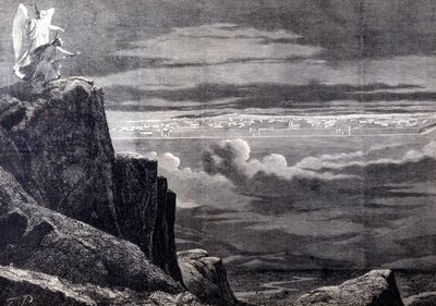Widziany w Niebiańskiej Jerozolimie; obraz ziemskiej Jerozolimy po Sądzie Ostatecznym, schodzi z nieba, by osiąść na Ziemi. Rycina XIX wieku. autorstwa Unknown artist