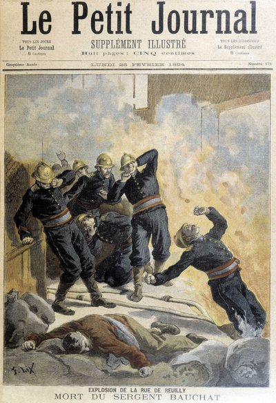 Sierżant Buchat zginął podczas pożaru strażaków po eksplozji rue de Reuilly. Ilustracja „Małego Dziennika” z 1894 roku. autorstwa Unknown artist
