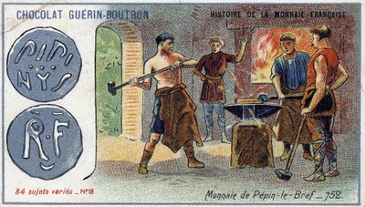 Seria Historia waluty francuskiej wydana przez Chocolat Guérin Boutron. XIX-wieczna chromolitografia. Pepin waluta krótki w 752 autorstwa Unknown artist