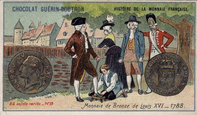 Seria Historia waluty francuskiej wydana przez Chocolat Guérin Boutron. XIX-wieczna chromolitografia. Brązowa moneta Ludwika XVI z 1788 r. autorstwa Unknown artist