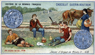Seria Historia waluty francuskiej wydana przez Chocolat Guérin Boutron. XIX-wieczna chromolitografia. Srebrny denier Clovis II w 638 autorstwa Unknown artist