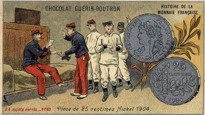 Seria Historia waluty francuskiej wydana przez Chocolat Guérin Boutron. XIX-wieczna chromolitografia. Moneta 25 centów. Nikiel 1904 autorstwa Unknown artist