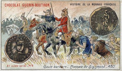 Seria Historia waluty francuskiej wydana przez Chocolat Guérin Boutron. XIX-wieczna chromolitografia. Gali Barbarzyńców. Waluta Zygmunta. autorstwa Unknown artist