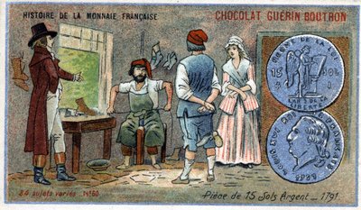 Seria Historia waluty francuskiej wydana przez Chocolat Guérin Boutron. XIX-wieczna chromolitografia. monety 15 srebrnych gleb z 1791 r autorstwa Unknown artist