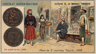Seria Historia waluty francuskiej wydana przez Chocolat Guérin Boutron. XIX-wieczna chromolitografia. Moneta 5 centów w Tunezji w 1892 r. autorstwa Unknown artist