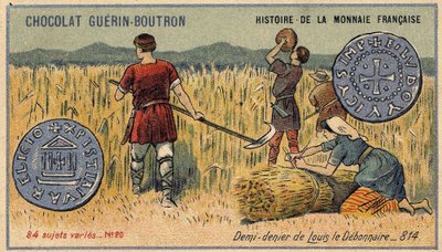 Seria Historia waluty francuskiej wydana przez Chocolat Guérin Boutron. XIX-wieczna chromolitografia. Pół denara Ludwika Debonnaire w 814 autorstwa Unknown artist