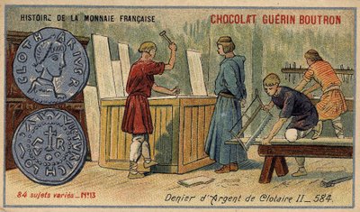 Seria Historia waluty francuskiej wydana przez Chocolat Guérin Boutron. XIX-wieczna chromolitografia. Srebrny Denier Clotaire (Clotaire) II w 584 autorstwa Unknown artist