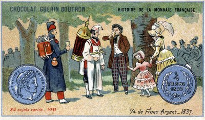 Seria Historia waluty francuskiej wydana przez Chocolat Guérin Boutron. XIX-wieczna chromolitografia. ćwierć franka srebrnego w 1837 r. autorstwa Unknown artist