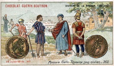 Seria Historia waluty francuskiej wydana przez Chocolat Guérin Boutron. XIX-wieczna chromolitografia. Monety Gallo Roman pod Julien autorstwa Unknown artist
