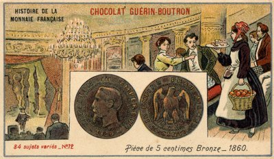 Seria Historia waluty francuskiej wydana przez Chocolat Guérin Boutron. XIX-wieczna chromolitografia. 5-centowa brązowa moneta z 1860 r. Napoleon III. autorstwa Unknown artist