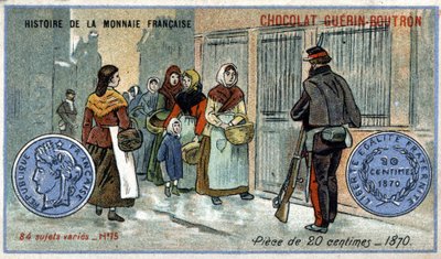 Seria Historia waluty francuskiej wydana przez Chocolat Guérin Boutron. XIX-wieczna chromolitografia. Moneta 20 centymów w 1870 autorstwa Unknown artist