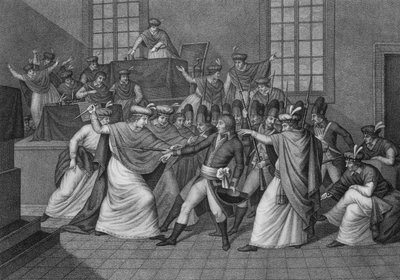 Sesja ciała ustawodawczego w Orangerie de Saint Cloud: Bonaparte przedstawia się na Zgromadzeniu Rady Pięciu centów (sala 500) i rozwiązał ją 19 brumaire roku VIII podczas zamachu stanu 18 brumaire. autorstwa Unknown artist