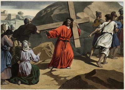 Wspięła się na Kalwarię: Jezus niosący krzyż pocieszył córki jerozolimskie. Anonimowy rycina z połowy XIX wieku. autorstwa Unknown artist
