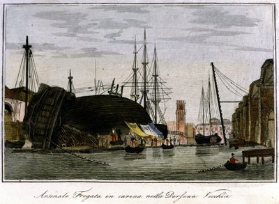 Statek zestrzelony w kadłubie. Fregata wenecka, której kadłub jest naprawiany w arsenale. Rycina XIX wieku. autorstwa Unknown artist