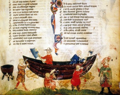 Budowa statków i uszczelnianie w XIII wieku. Miniatura „Roman de Troy” autorstwa Benoit de Saint Maure. XIV-wieczna Biblioteca Marciana, Wenecja autorstwa Unknown artist