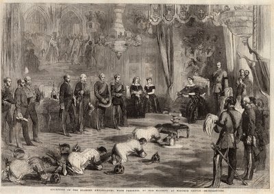 Ambasadorzy Syjamu przyczołgali się do królowej Wiktorii Iere (1819-1901) i księcia Alberta (1819-1861) podczas wizyty w zamku Windsor. Grawerowanie w „Ilustrowanych londyńskich wiadomościach” z 5 grudnia 1857 r. autorstwa Unknown artist